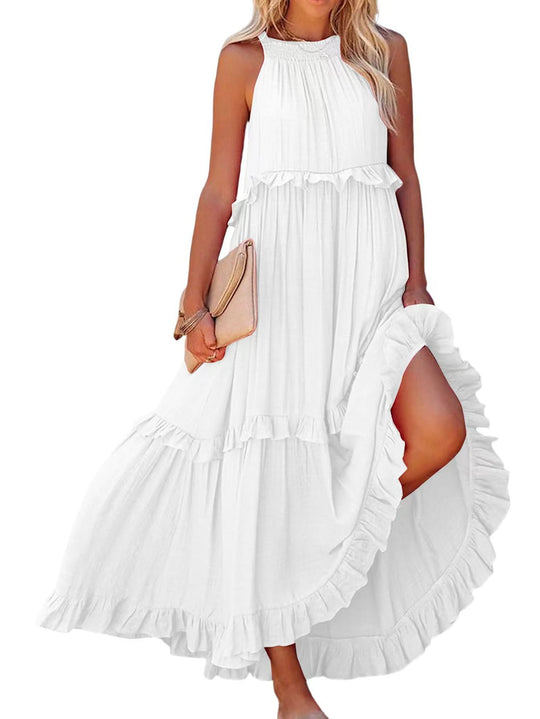 Damen Luftiges Maxikleid mit Rüschendetails und hoher Taille EB