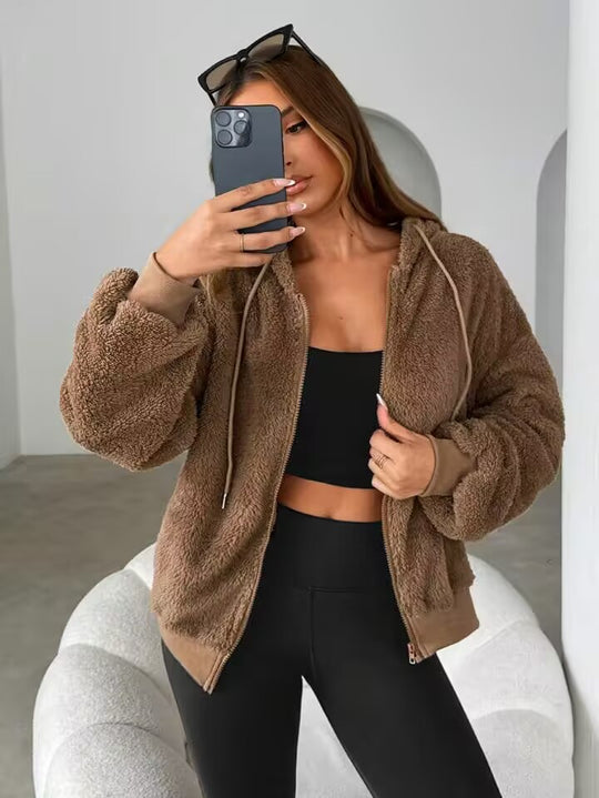 Damen Teddy-Fleecejacke mit Kapuze und elastischen Bündchen EB
