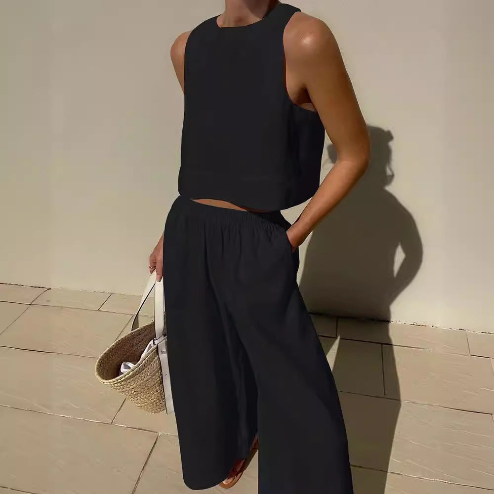 Damen luftiges Leinenoberteil mit weiter Hose EB