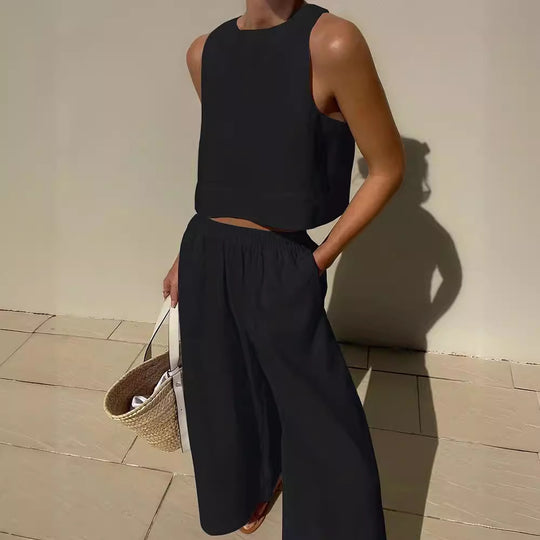 Damen luftiges Leinenoberteil mit weiter Hose EB