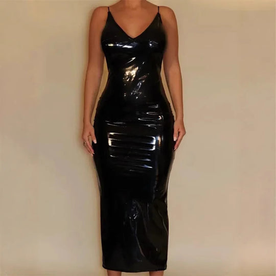 Damen glänzendes Kunstleder Kleid im Bodycon-Stil EB
