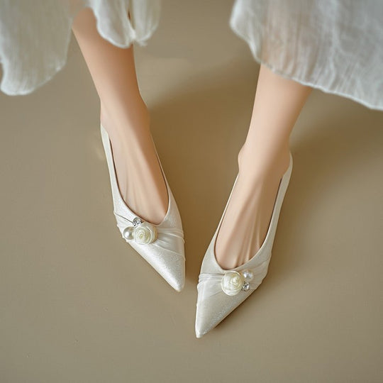 Damen elegante Ballerinas mit floralem Dekor und feinem Satin EB
