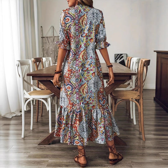 Damen Maxikleid mit buntem Paisley-Muster und modischem Volant EB