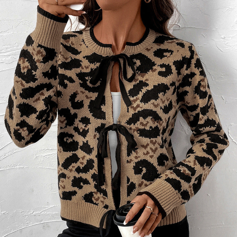 Damen Leo-Muster Strickjacke mit Bändern EB