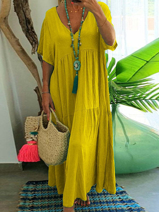 Damen luftiges Boho-Maxikleid mit schwingendem Saum und tiefem V-Ausschnitt EB