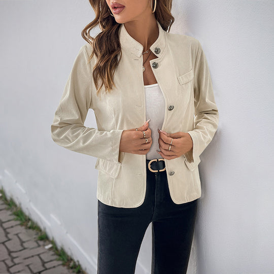 Damen modische Blazerjacke mit Stehkragen und Druckknopfverschluss EB