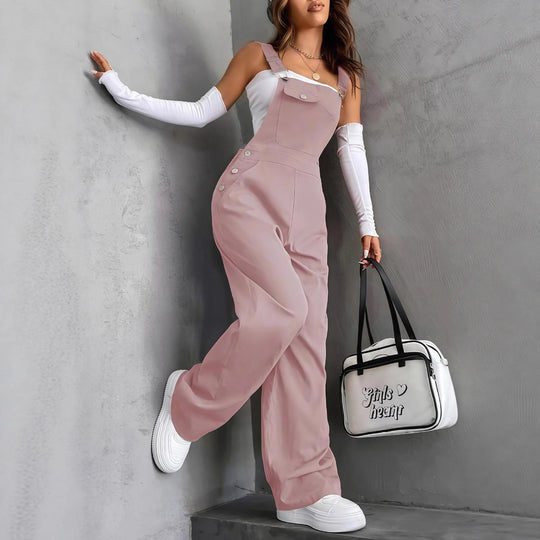 Damen nan weite Latzhose mit seitlichen Zierknöpfen, Brusttasche und weitem Bein EB