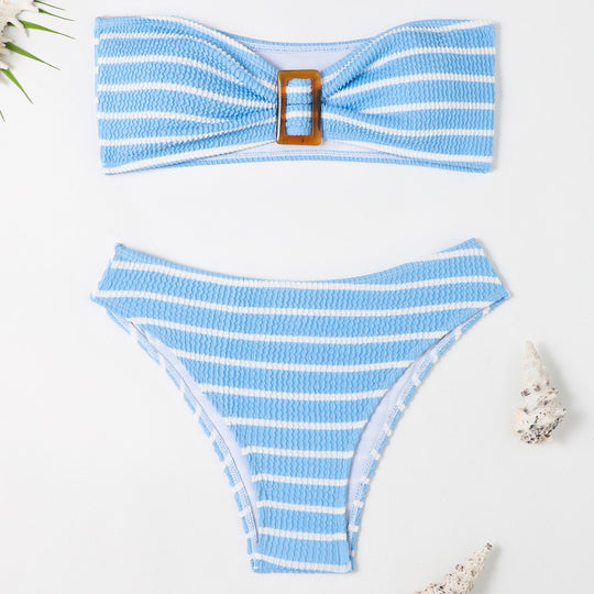 Damen Bandeau-Bikini mit modischem Streifenmuster und dekorativer Schnalle EB