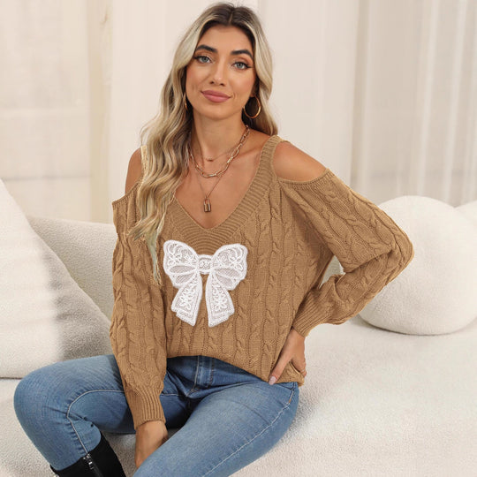 Damen modischer Pullover mit verspielt eingestricktem Schleifenmotiv EB