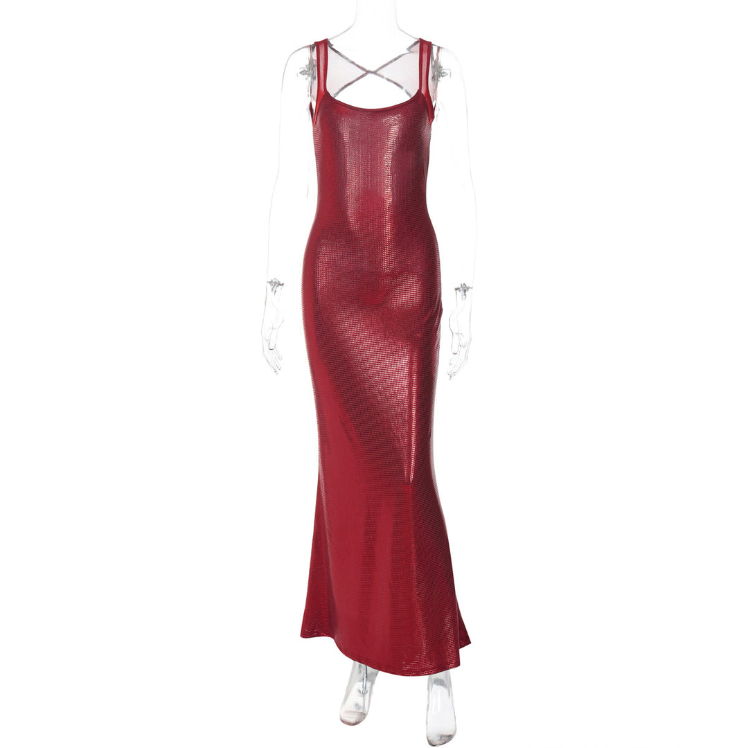 Damen Elegantes Maxikleid mit verführerischem Kreuzträger und schimmerndem Obermaterial EB