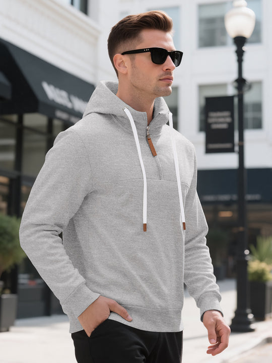 Herren Halbzip-Kapuzenpullover mit Stehkragen, Kordelzug und Lederdetails EB