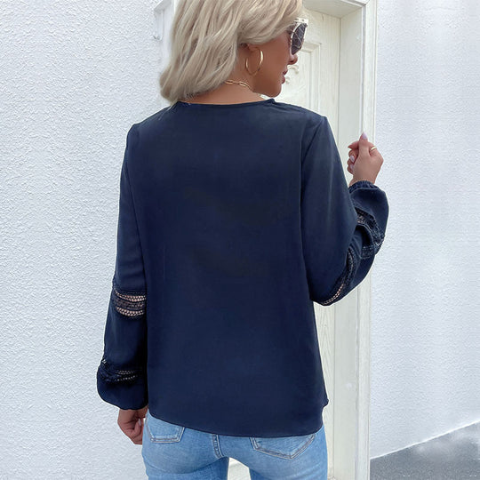 Damen elegante Bluse mit Spitzenakzenten und V-Ausschnitt EB