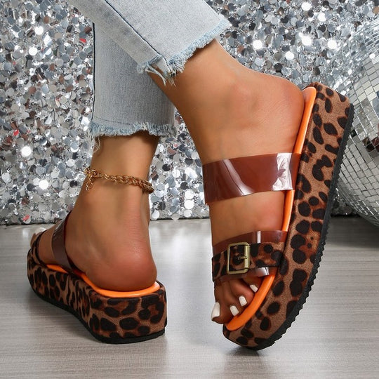 Damen Plateau-Sandalen mit Leopardenmuster und modernem Riemendesign EB