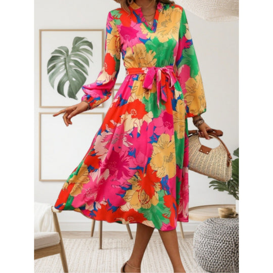 Damen Maxi-Kleid mit floralen Mustern und schwingendem Rock EB