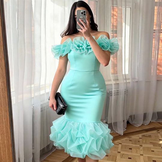 Damen Off-Shoulder Kleid mit voluminösen Rüschen EB