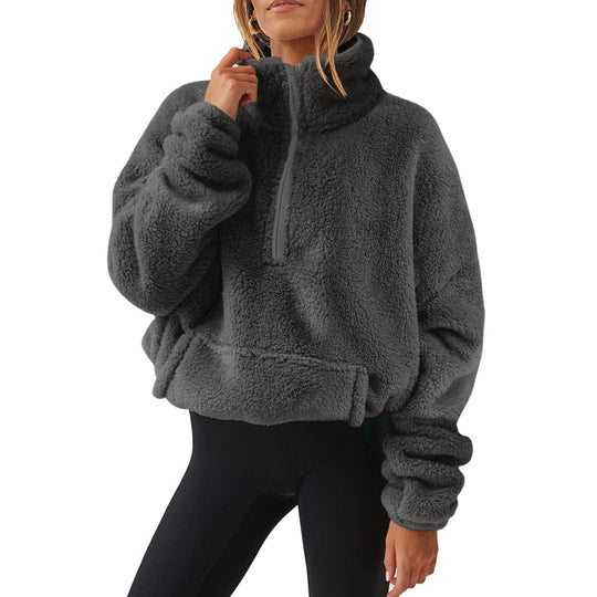 Damen nan Oversize-Halbzip Teddy-Fleecepullover mit Kängurutasche und hohem Stehkragen EB