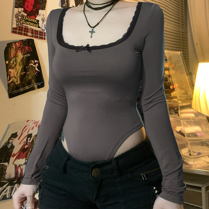 Damen Elegantes Langarm-Bodysuit mit Zierborte EB