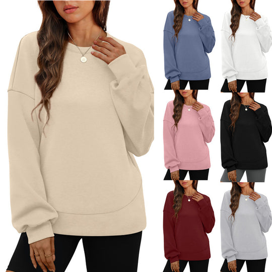 Damen nan lässiges Oversize Rundhals-Sweatshirt mit überschnittener Schulter gerundetem Saum und weichem Innenfutter EB