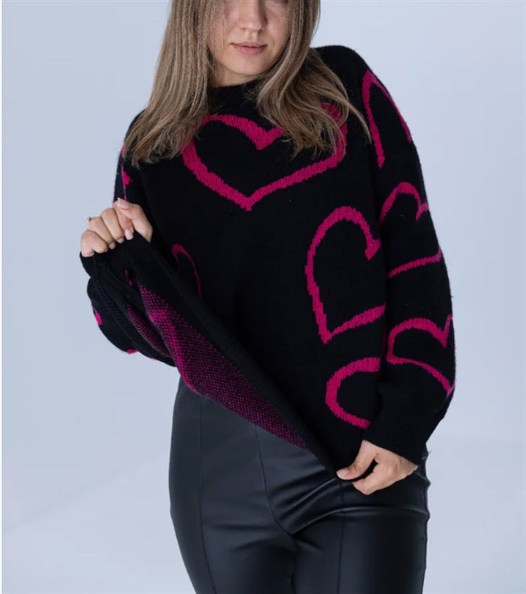 Damen Kuscheliger Jacquard-Pullover mit Herzmotiv und lockerer Oversize-Passform EB