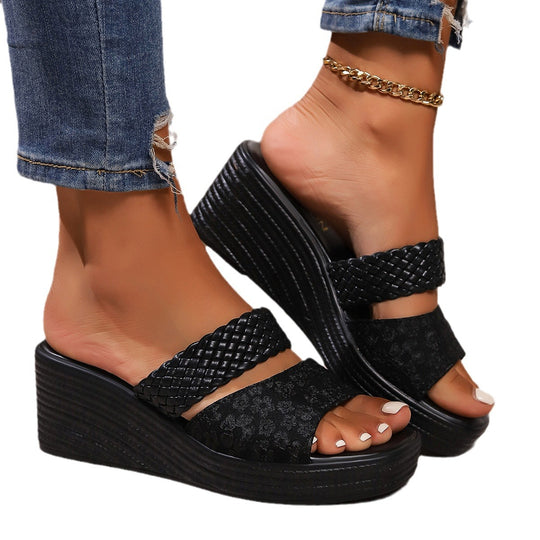 Damen Wedge-Sandalen mit geflochtenem Riemendesign und trendiger Tierdruck-Optik EB