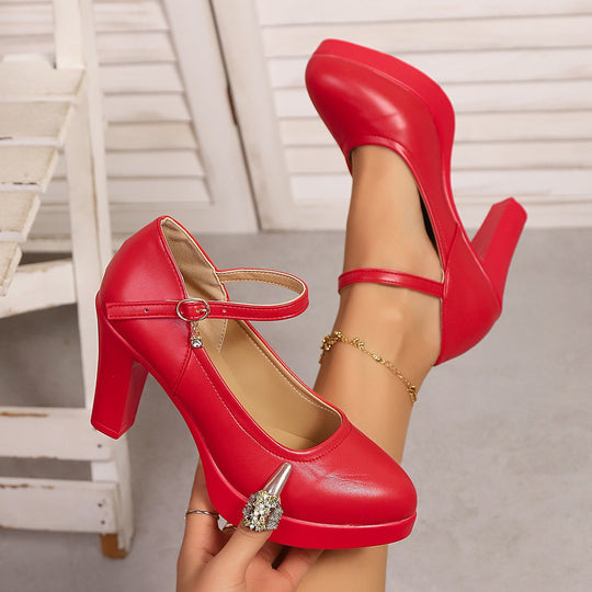 Damen Hochwertige Plateau-Pumps mit verstellbarem Riemen und Schmuckdetails EB