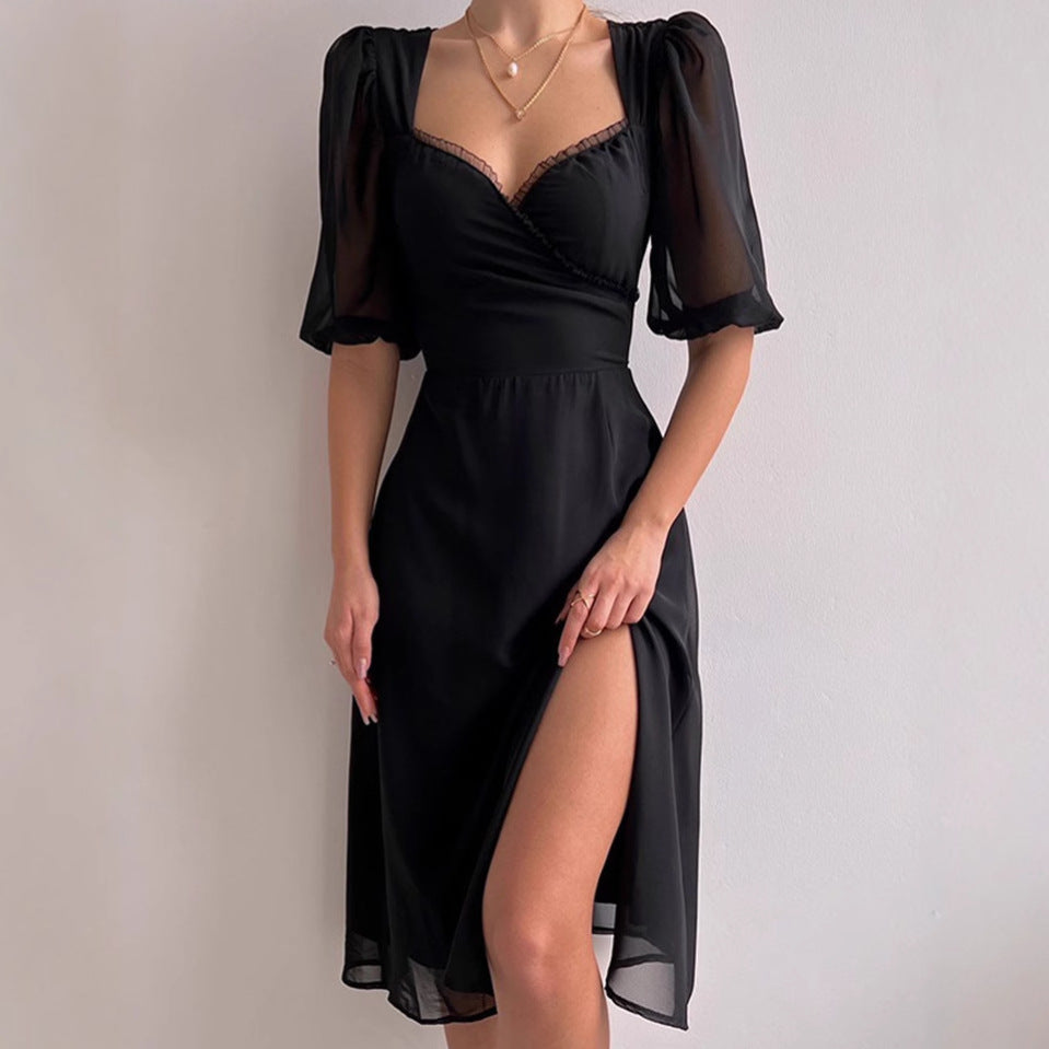 Damen Elegantes Maxikleid mit Puffärmeln und tiefem Schlitz EB