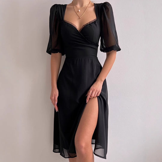 Damen Elegantes Maxikleid mit Puffärmeln und tiefem Schlitz EB