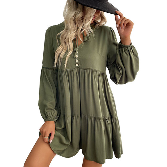 Damen lässiges Kleid mit Knopfdetails und voluminösen Ärmeln EB