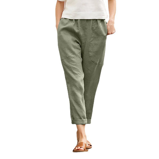Damen nan legere Leinen-Baumwollhose mit elastischem Bund, aufgesetzten Taschen und konischer Beinform EB
