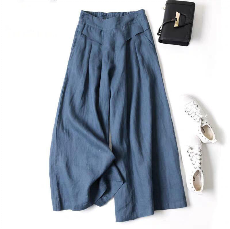 Damen Weit geschnittene Leinenhose mit hohem Bund und eleganten Falten EB