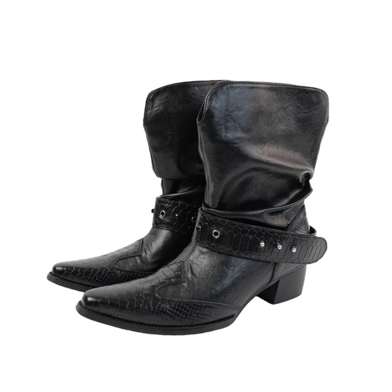 Damen Cowboystiefel mit spitzer Zehenpartie, Schlangenprägung und Nietenriemen EB