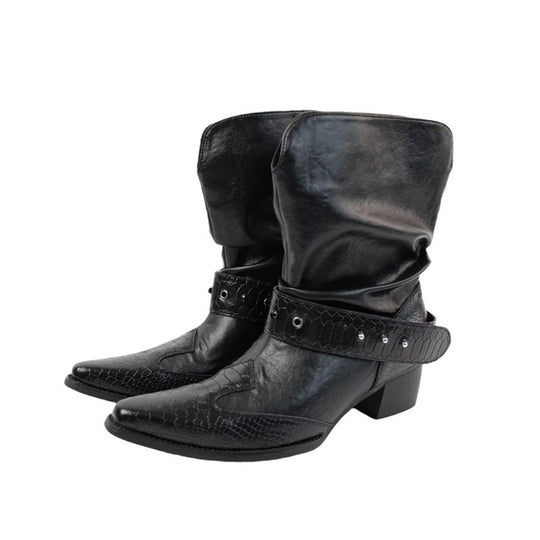 Damen Cowboystiefel mit spitzer Zehenpartie, Schlangenprägung und Nietenriemen EB