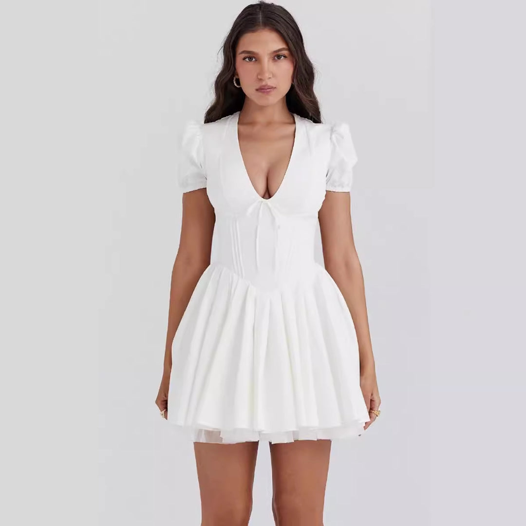 Damen verspieltes Mini-Wickelkleid mit Puffärmeln EB