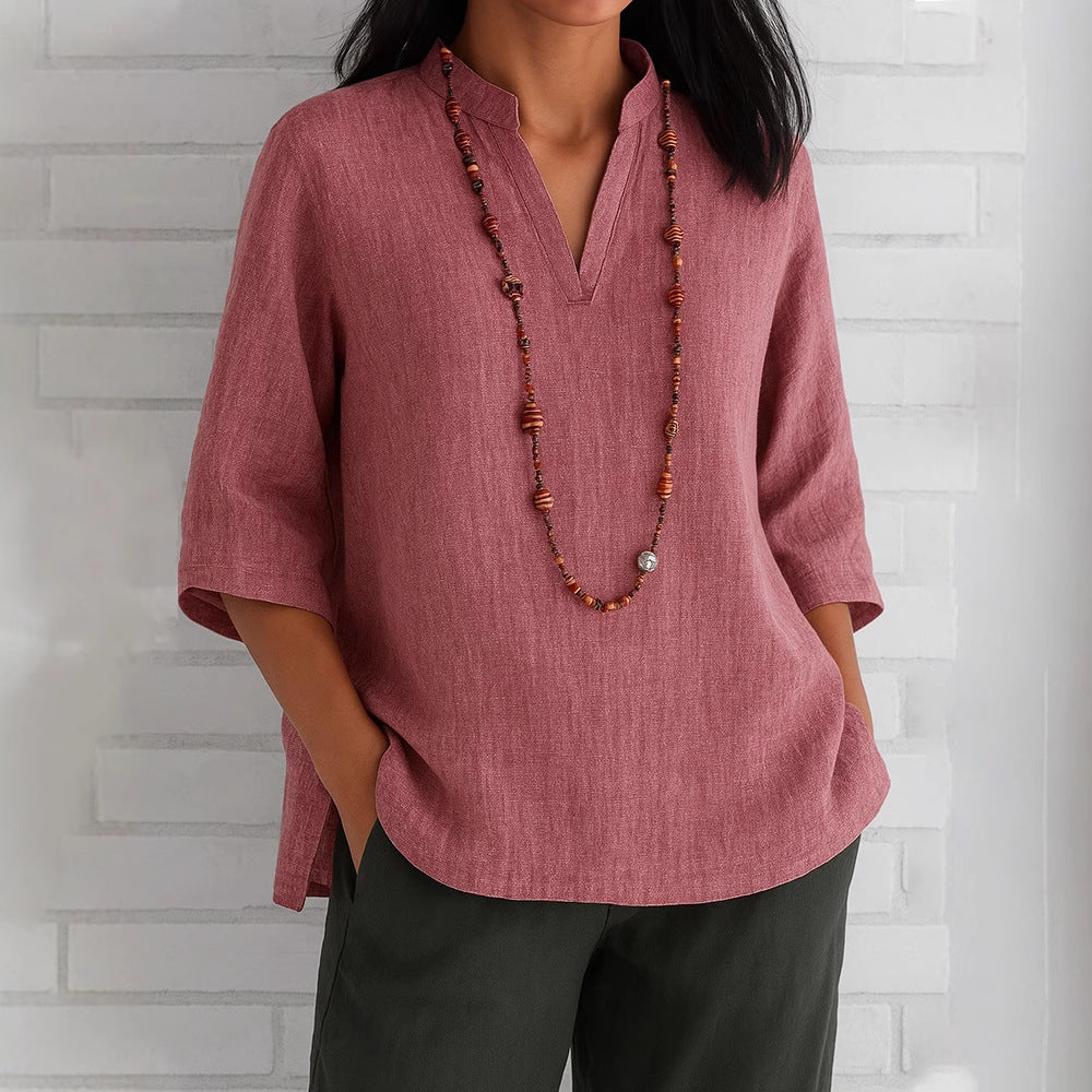 Damen lässige Bluse mit V-Ausschnitt und seitlichen Taschen EB