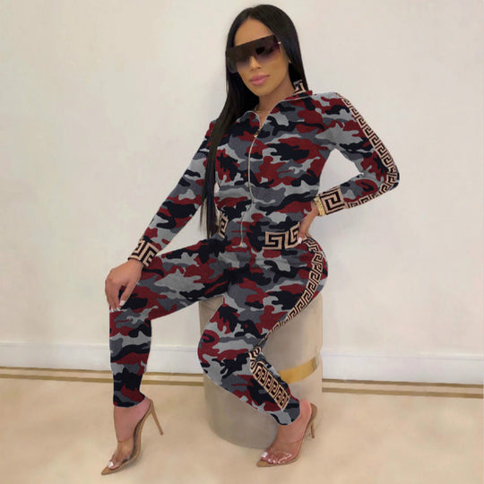 Damen Figurbetonter Jumpsuit mit Reißverschluss, Leopardenmuster und Kontrastbordüre EB