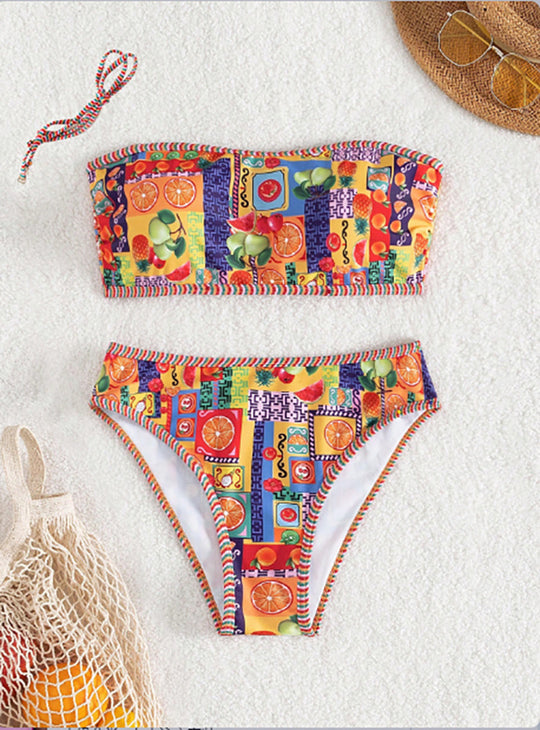 Damen Bandeau-Bikini mit fröhlichem Fruchtmuster EB