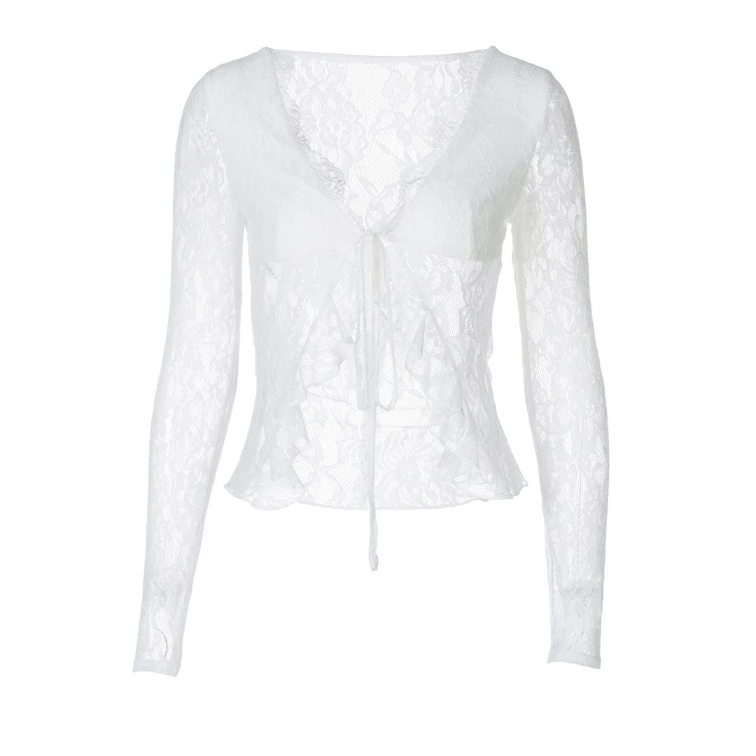 Damen Spitzen-Cropped-Bluse mit Schleifenverschluss EB