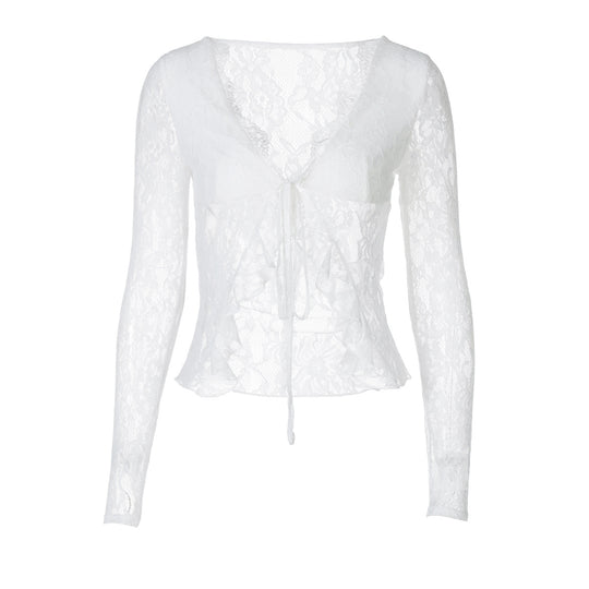 Damen Spitzen-Cropped-Bluse mit Schleifenverschluss EB
