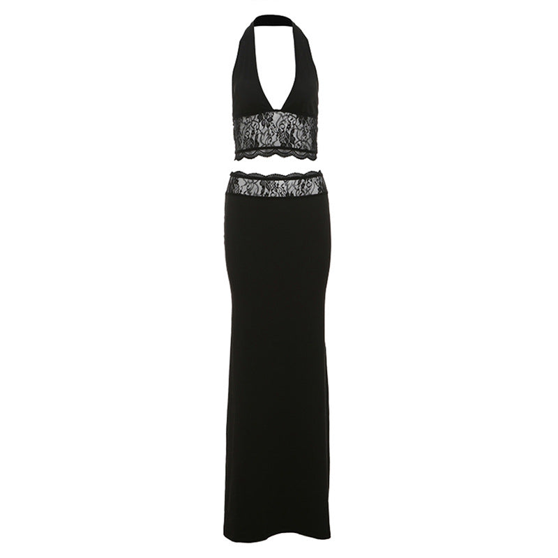 Damen Langer Sommerrock mit tiefem V-Ausschnitt und eleganter Spitzenapplikation EB