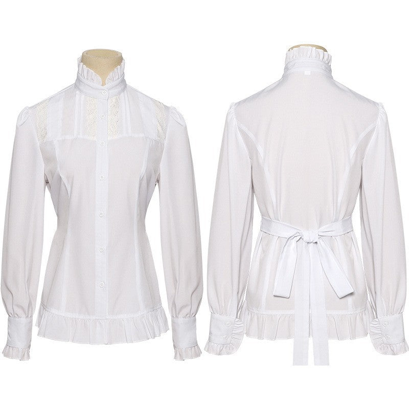 Damen nan viktorianische Spitzenbluse mit Volant-Jabot, tailliertem Schnitt und doppellagigen Glockenärmeln Eb