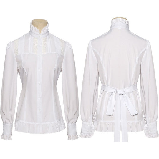 Damen nan viktorianische Spitzenbluse mit Volant-Jabot, tailliertem Schnitt und doppellagigen Glockenärmeln Eb