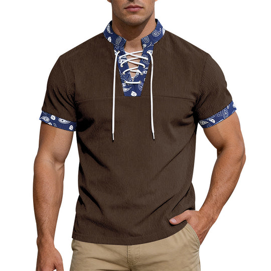 Herren nan Kurzarm-Schnürshirt mit Bandana-Besatz und strukturierter Jerseyqualität EB