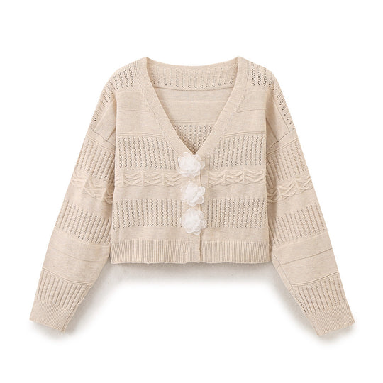 Damen modische Strickjacke mit romantischen Blumenknöpfen und lässigem Schnitt EB
