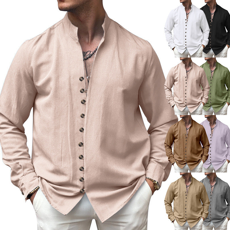 Herren nan elegantes Langarm-Leinenhemd mit Stehkragen asymmetrischer Knopfleiste und schmaler Passform EB