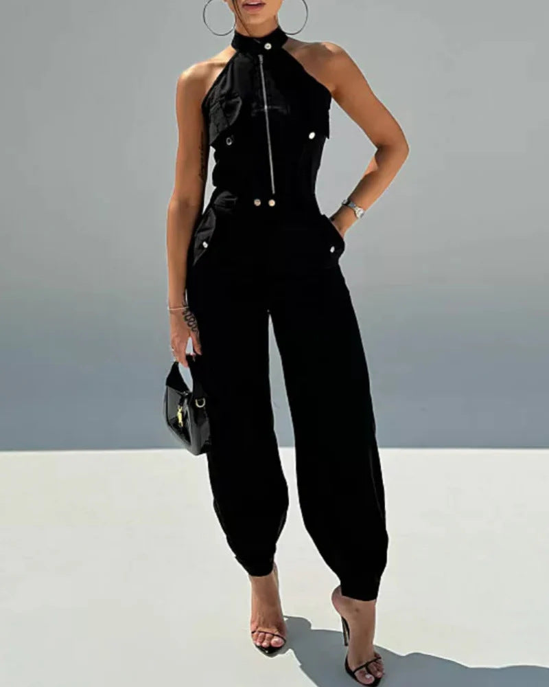 Damen modischer einteiliger Overall mit hohem Kragen und praktischen Taschen EB
