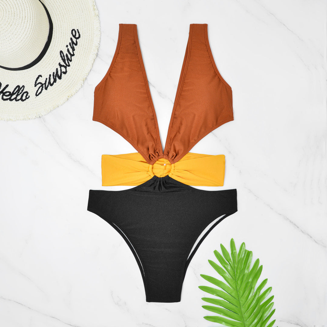 Damen Einteiliger Badeanzug mit tiefem V-Ausschnitt und raffiniertem Cut-Out EB