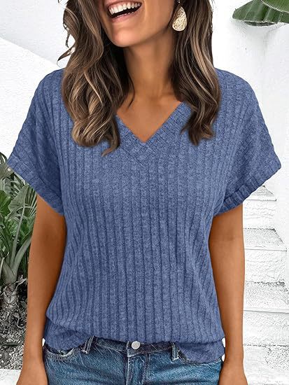 Damen lässiges V-Ausschnitt T-Shirt mit Streifenstruktur EB
