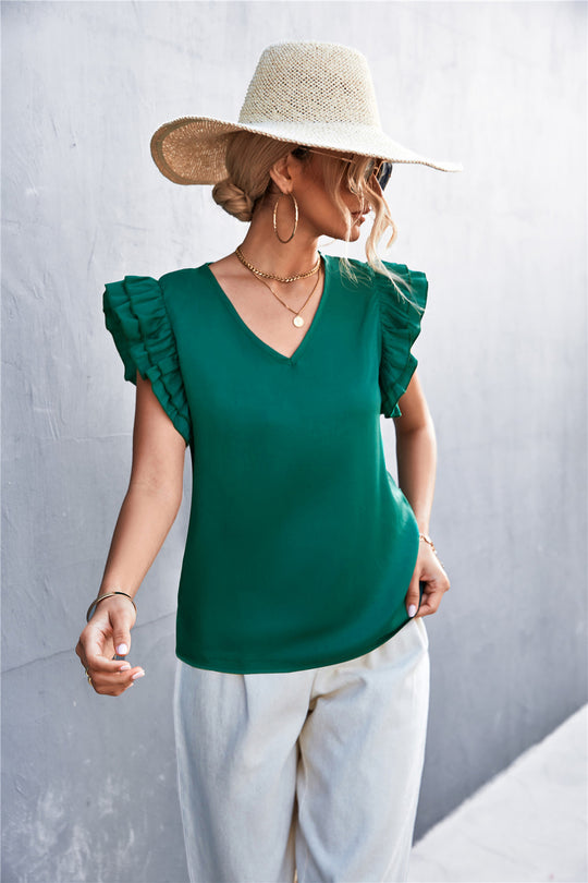 Damen Bluse mit voluminösen Rüschensäumen und V-Ausschnitt EB