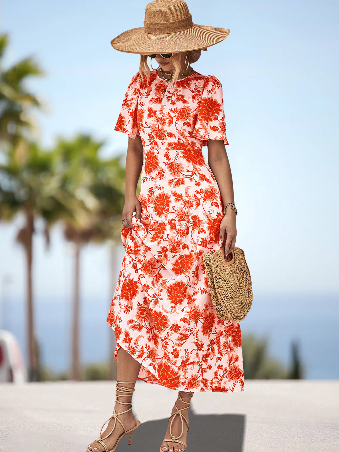 Damen Maxikleid mit floralem Print und eleganter Raffung EB