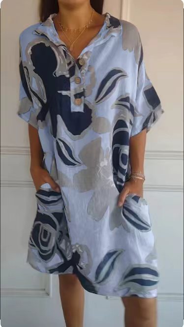 Damen luftiges Strandkleid mit modischem Muster und seitlichen Taschen EB